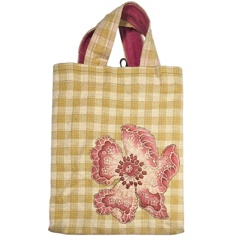 Handmade Gingham Mini Tote Bag Tan Yellow Plaid Floral Embroidered Patch Button